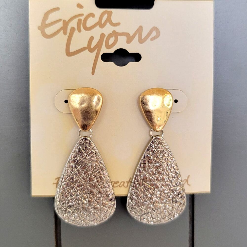 Erica Lyons Silver Tone Textured Teardrop Dangle Earrings Pierced Free Gift Bag
